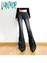 Lunivop Woman Denim Jeans Casual Loose Pants Low Waist Trousers Gradient Color Bell Bottoms Dark